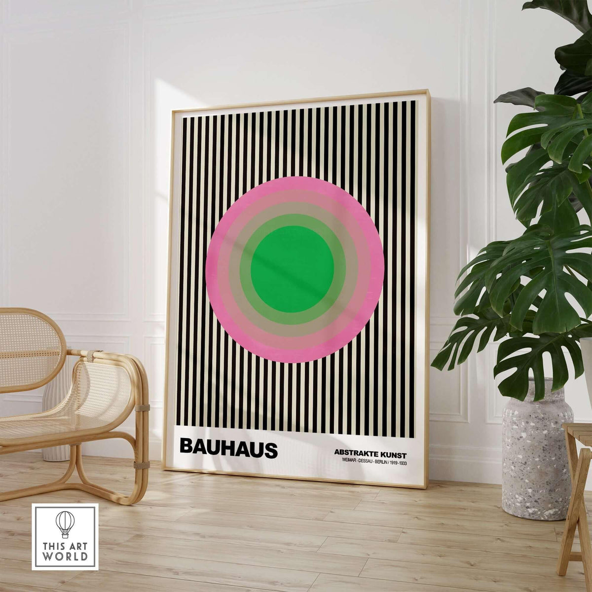 Bauhaus Exhibition Prints - Concentric Circles Poster Pink Green Striped Art displayed in a modern interior setting.