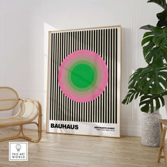 Bauhaus Exhibition Prints - Concentric Circles Poster Pink Green Striped Art displayed in a modern interior setting.
