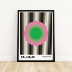 Bauhaus Exhibition Prints - Concentric Circles Poster Pink Green Striped Art featuring vibrant concentric circles and striped background.