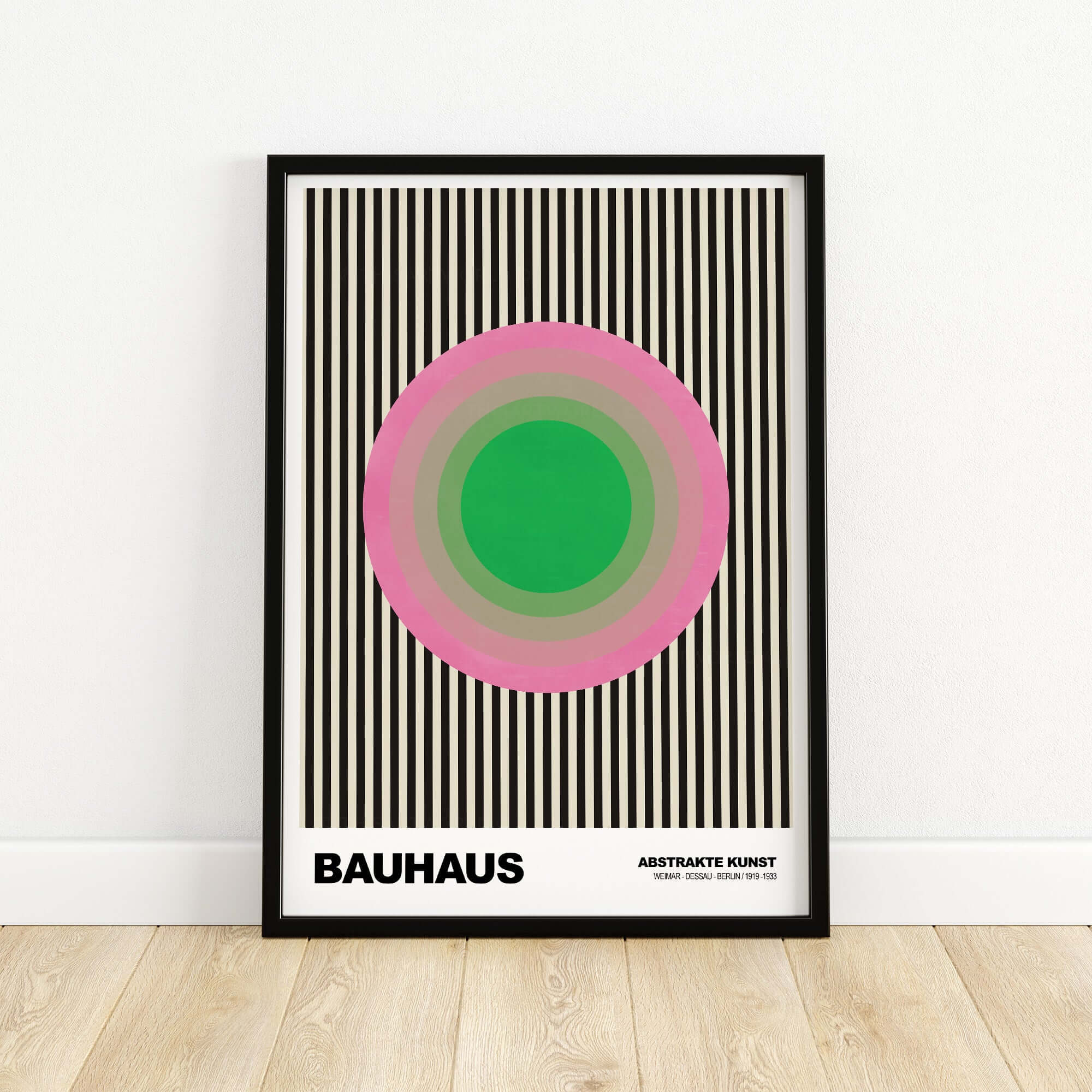 Bauhaus Exhibition Prints - Concentric Circles Poster Pink Green Striped Art featuring vibrant concentric circles and striped background.