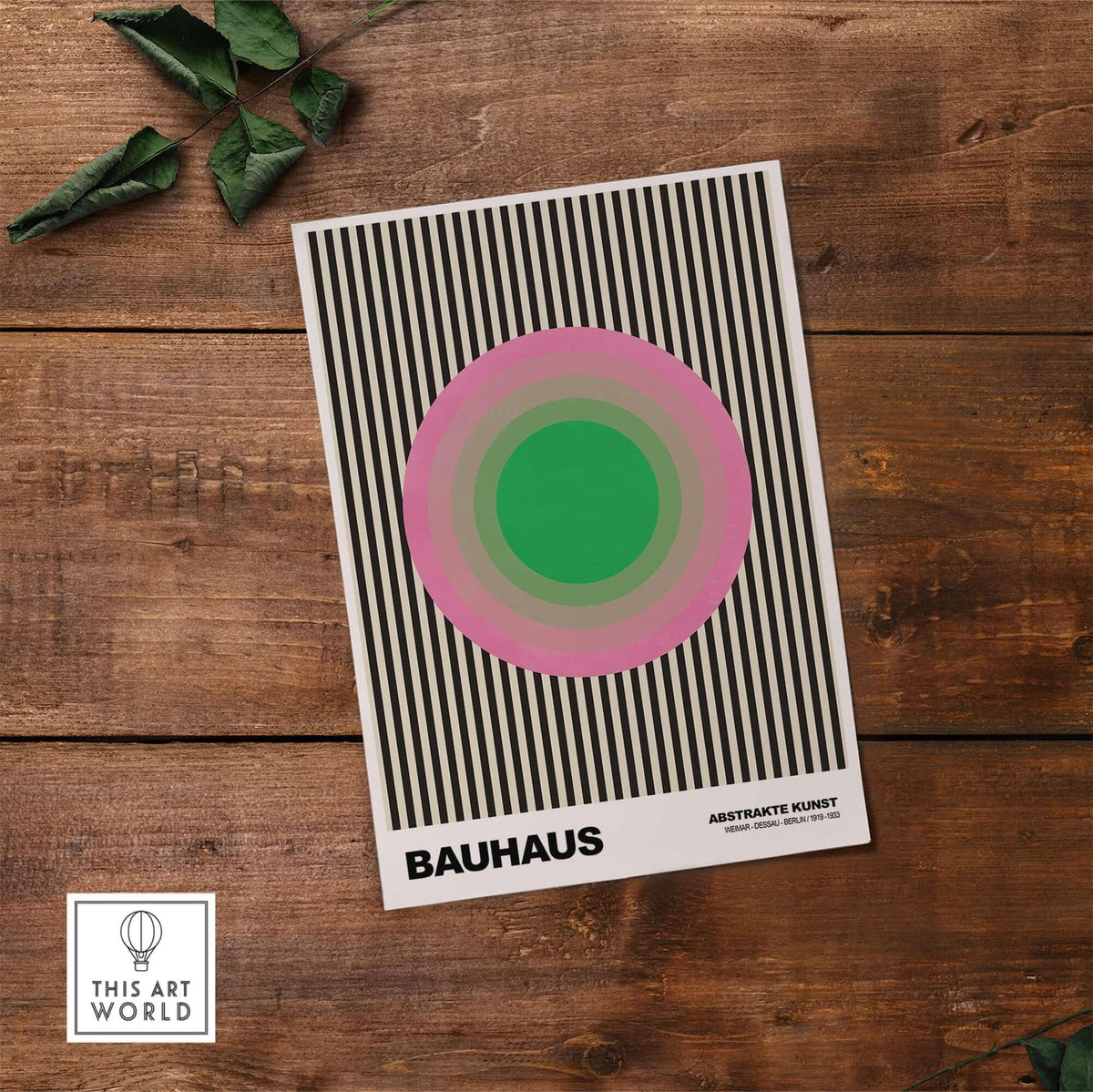 Bauhaus Exhibition Prints - Concentric Circles Poster Pink Green Striped Art with geometric design on wooden background.