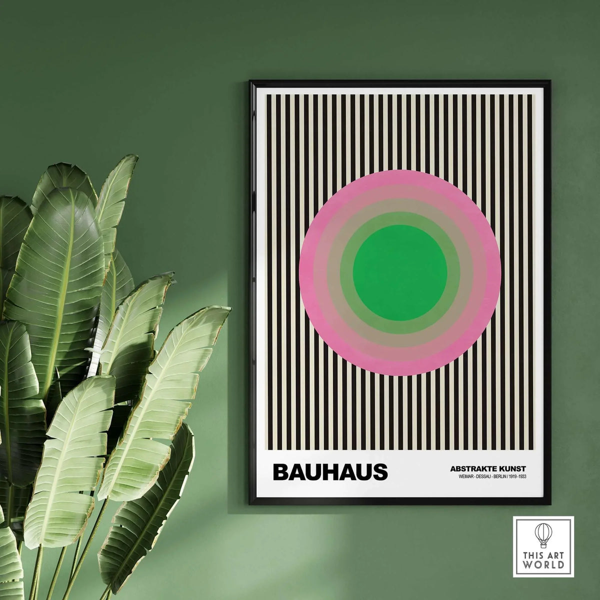 Bauhaus Exhibition Prints - Concentric Circles Poster Pink Green Striped Art featuring concentric circles and striped background.