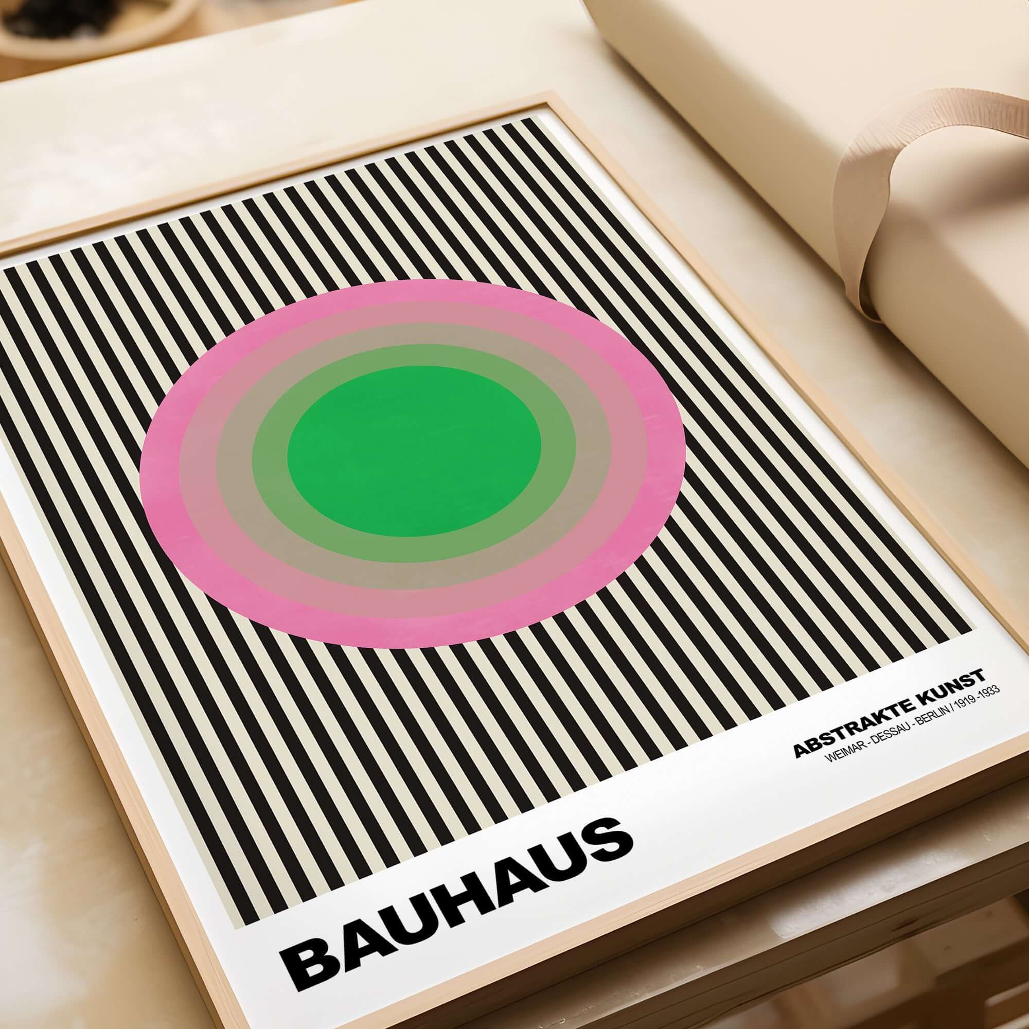 Bauhaus Exhibition Prints - Concentric Circles Poster Pink Green Striped Art featuring a vibrant design on a striped background.