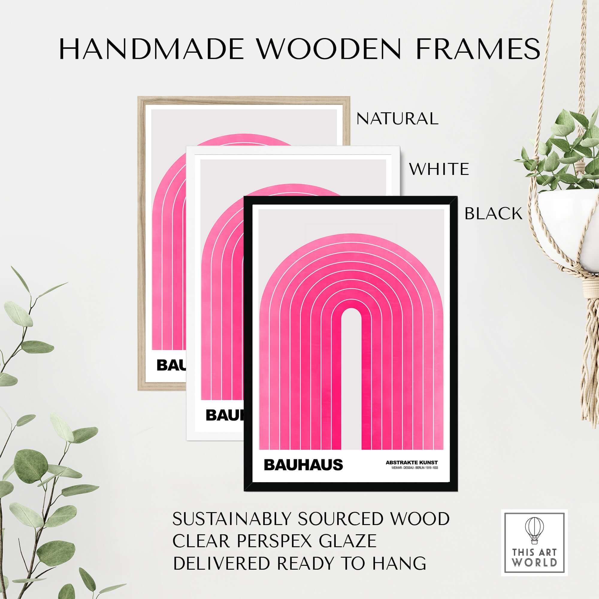 Bauhaus Exhibition Prints - Concentric Pink Arch Poster Minimalist Geometric Art in handmade frames