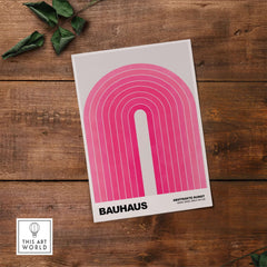 Bauhaus Exhibition Prints - Concentric Pink Arch Poster Minimalist Geometric Art featuring bold pink arch lines.