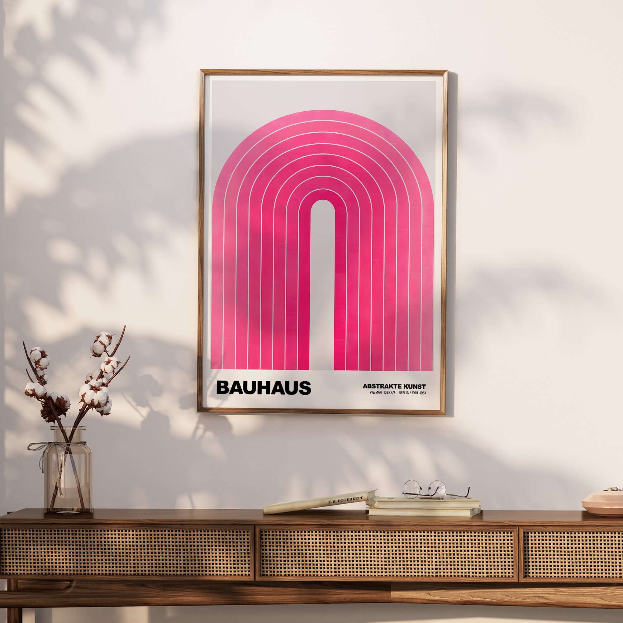 Bauhaus Exhibition Prints - Concentric Pink Arch Poster Minimalist Geometric Art displayed in a stylish room.