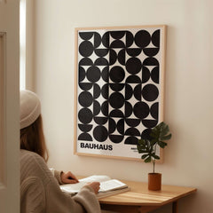 Bauhaus Exhibition Prints - Geometric Circle Shapes Art Print Black White Pattern displayed in a stylish interior setting.