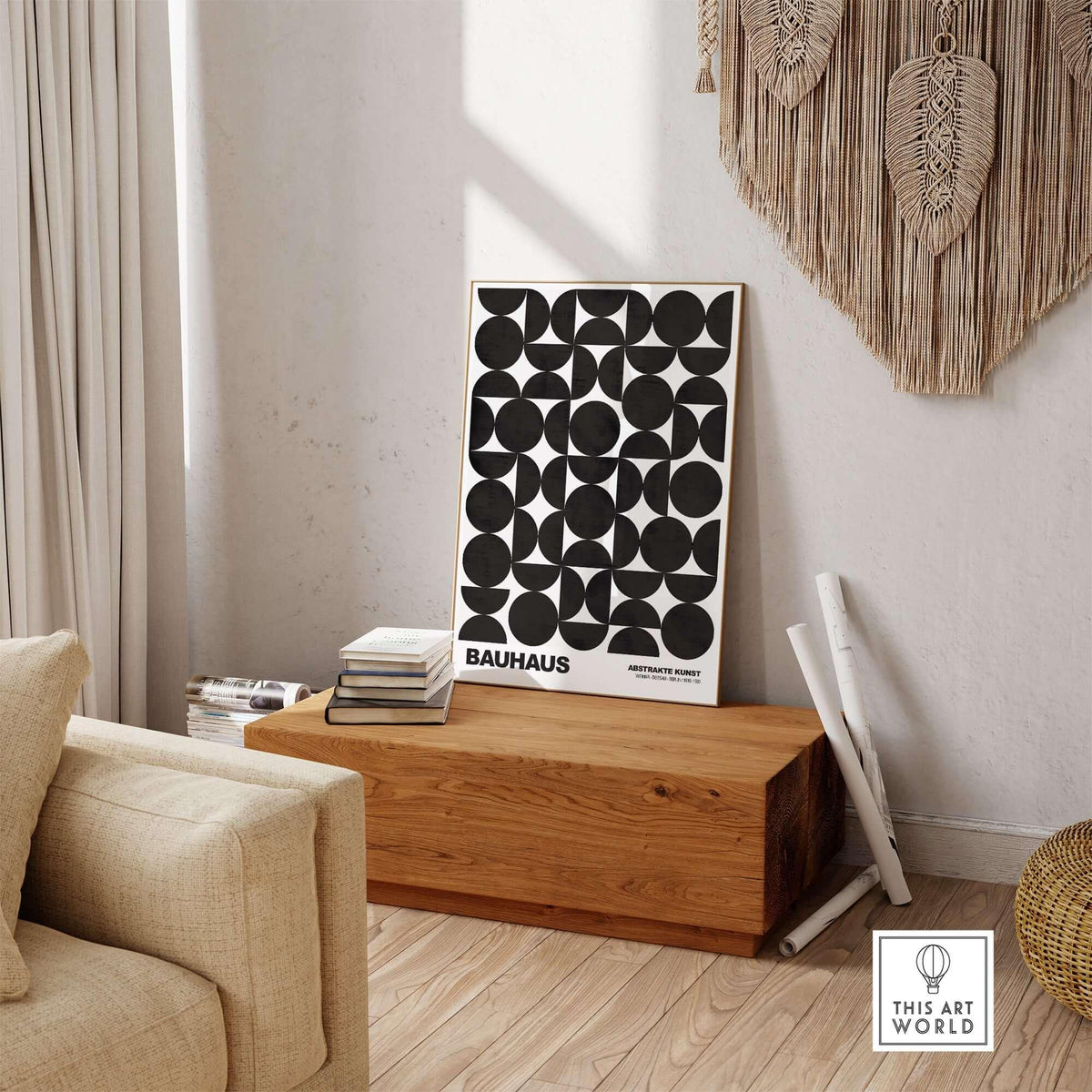 Bauhaus Exhibition Prints - Geometric Circle Shapes Art Print Black White Pattern displayed in modern living space.
