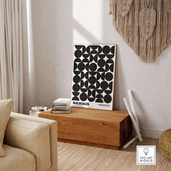 Bauhaus Exhibition Prints - Geometric Circle Shapes Art Print Black White Pattern displayed in modern living space.