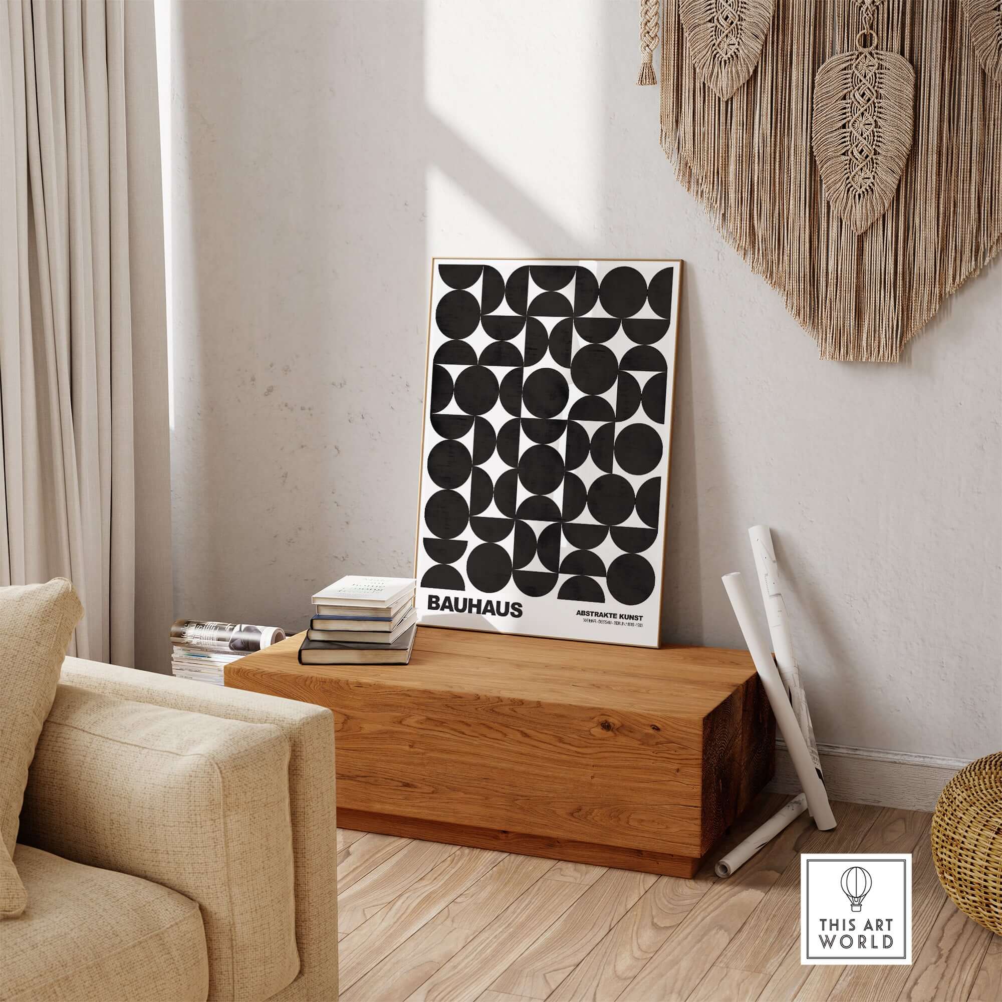 Bauhaus Exhibition Prints - Geometric Circle Shapes Art Print Black White Pattern displayed in modern living space.