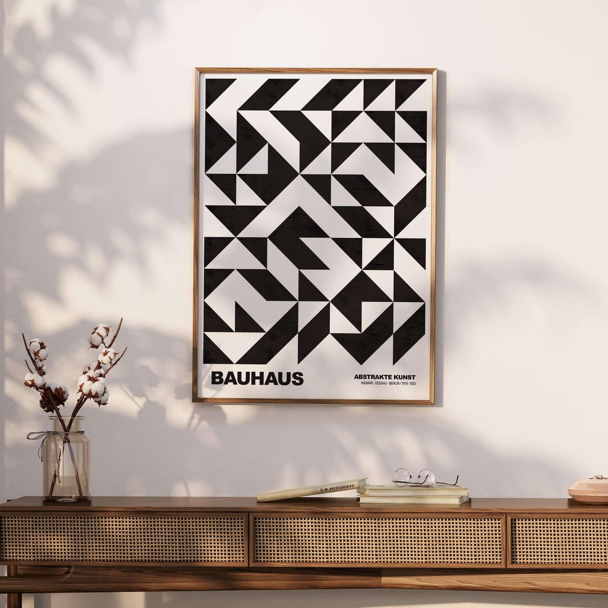 Bauhaus Exhibition Prints - Geometric Triangle Pattern Poster Black White Abstract showcasing a dynamic black and white design.