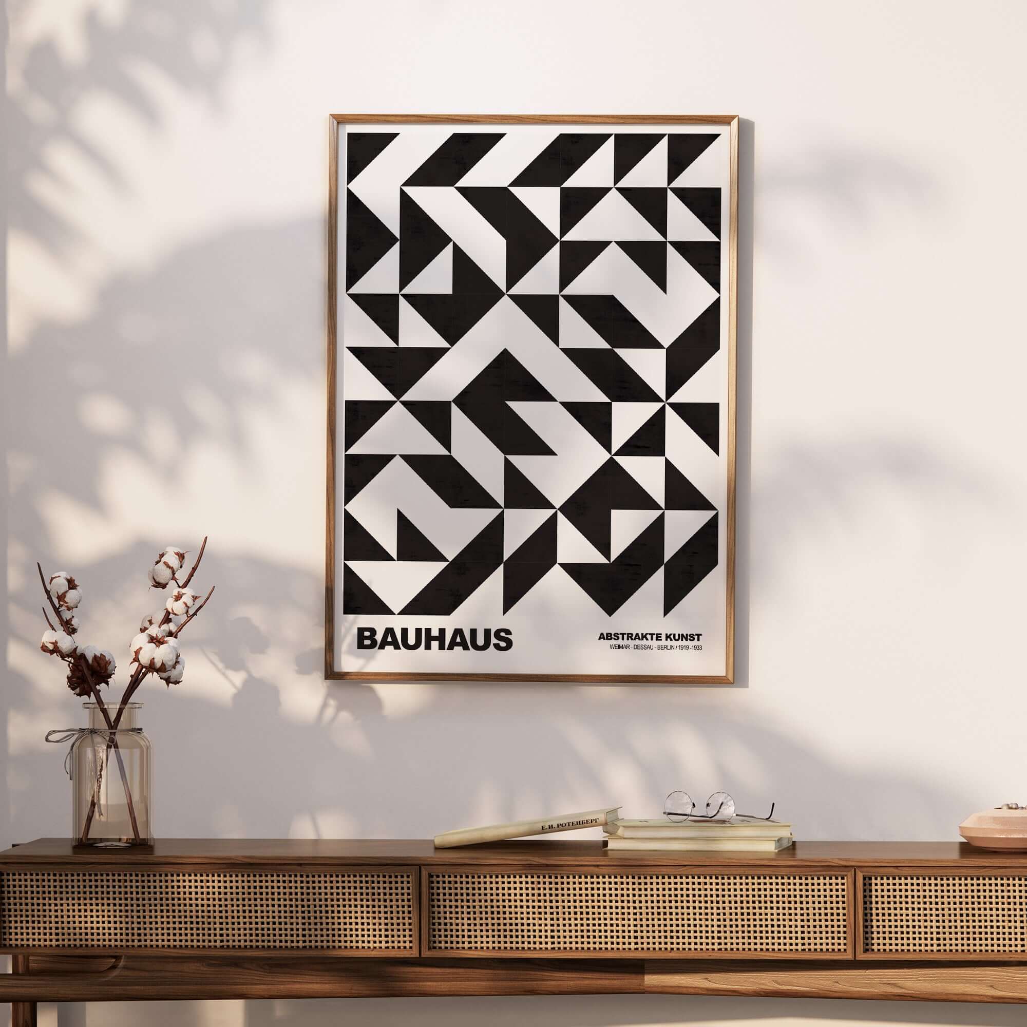 Bauhaus Exhibition Prints - Geometric Triangle Pattern Poster Black White Abstract showcasing a dynamic black and white design.