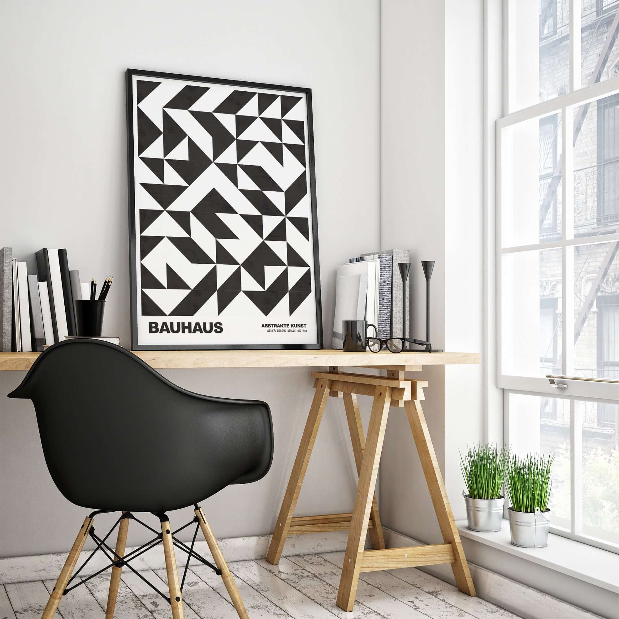 Bauhaus Exhibition Prints - Geometric Triangle Pattern Poster Black White Abstract displayed in a modern home office.