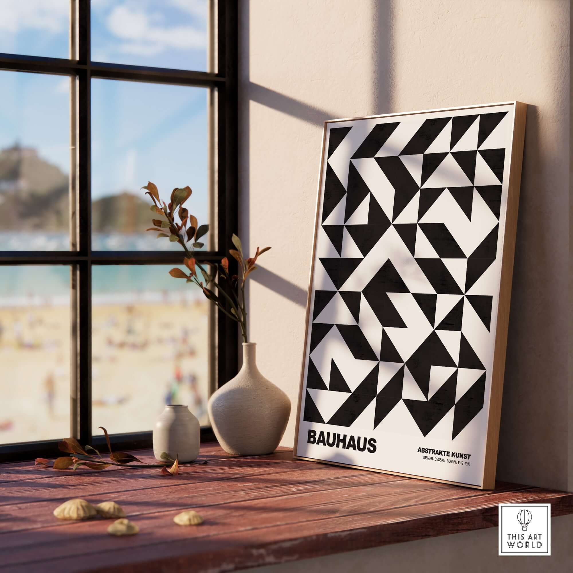 Bauhaus Exhibition Prints - Geometric Triangle Pattern Poster Black White Abstract displayed in a bright room by the window.