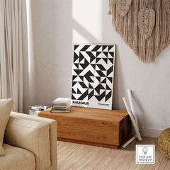 Bauhaus Exhibition Prints - Geometric Triangle Pattern Poster Black White Abstract displayed in a modern living space.