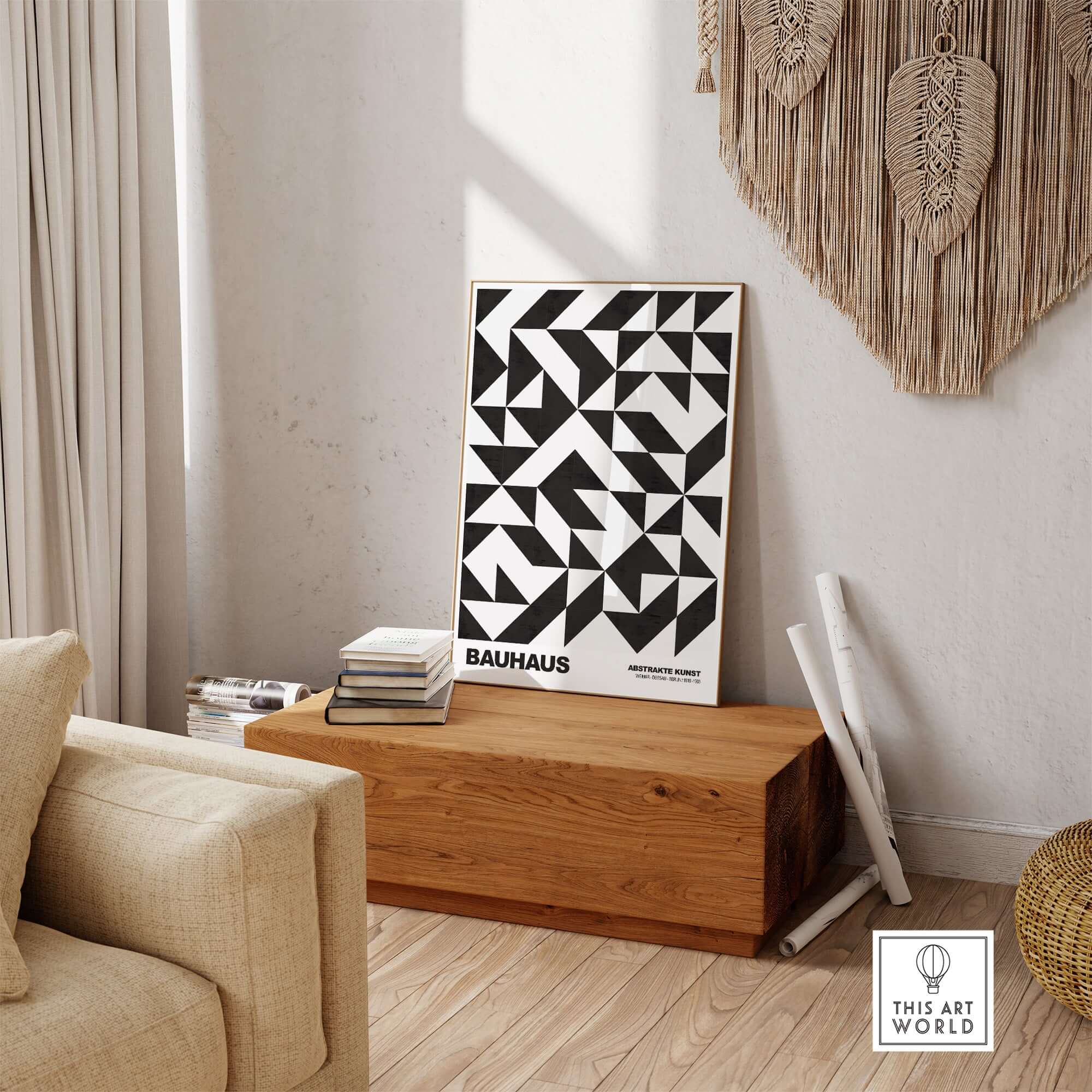 Bauhaus Exhibition Prints - Geometric Triangle Pattern Poster Black White Abstract displayed in a modern living space.