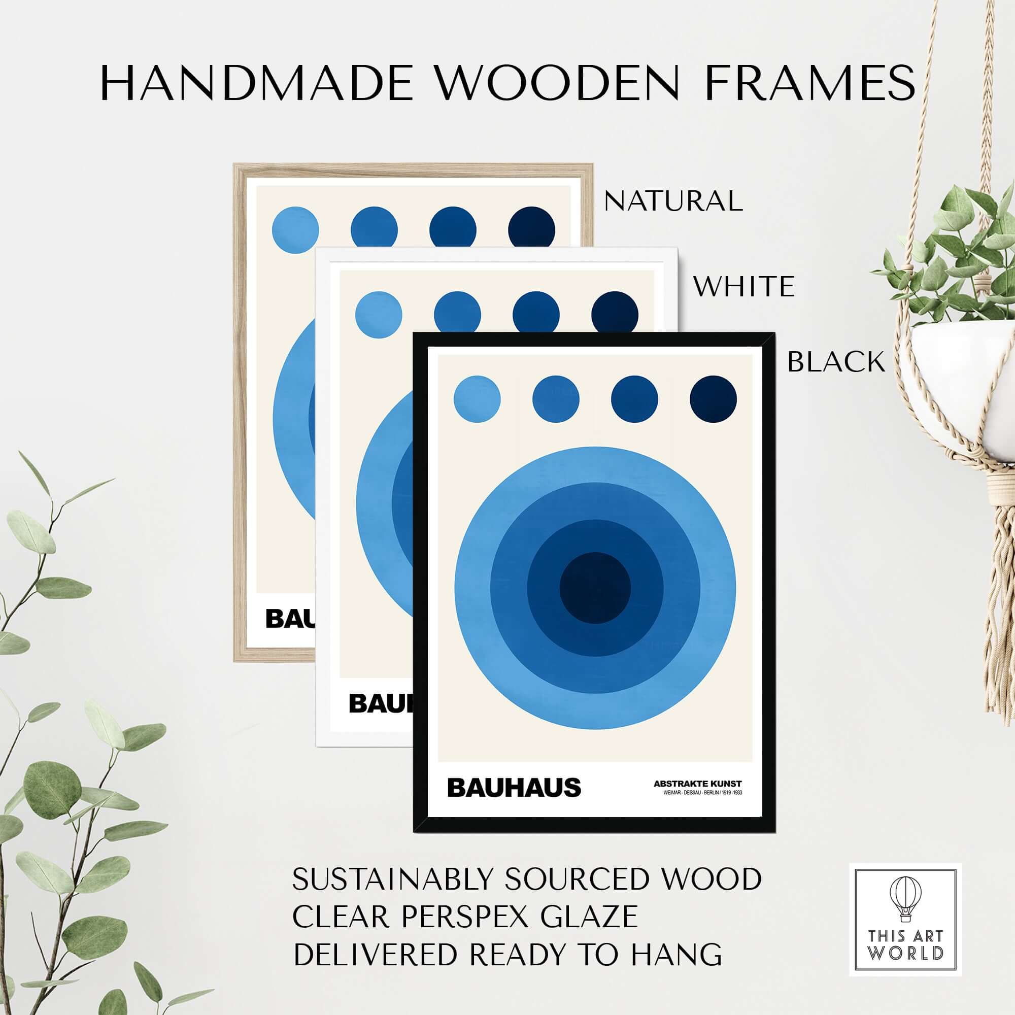 Bauhaus Exhibition Prints - Abstract Blue Circles Poster Geometric Design framed in natural, white, and black wooden frames.