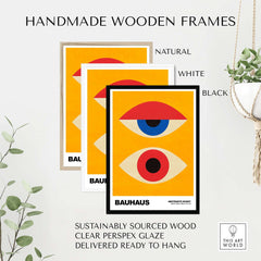 Bauhaus Exhibition Prints - Abstract Eyes Poster Geometric Orange Red Blue Art displayed in handmade wooden frames.