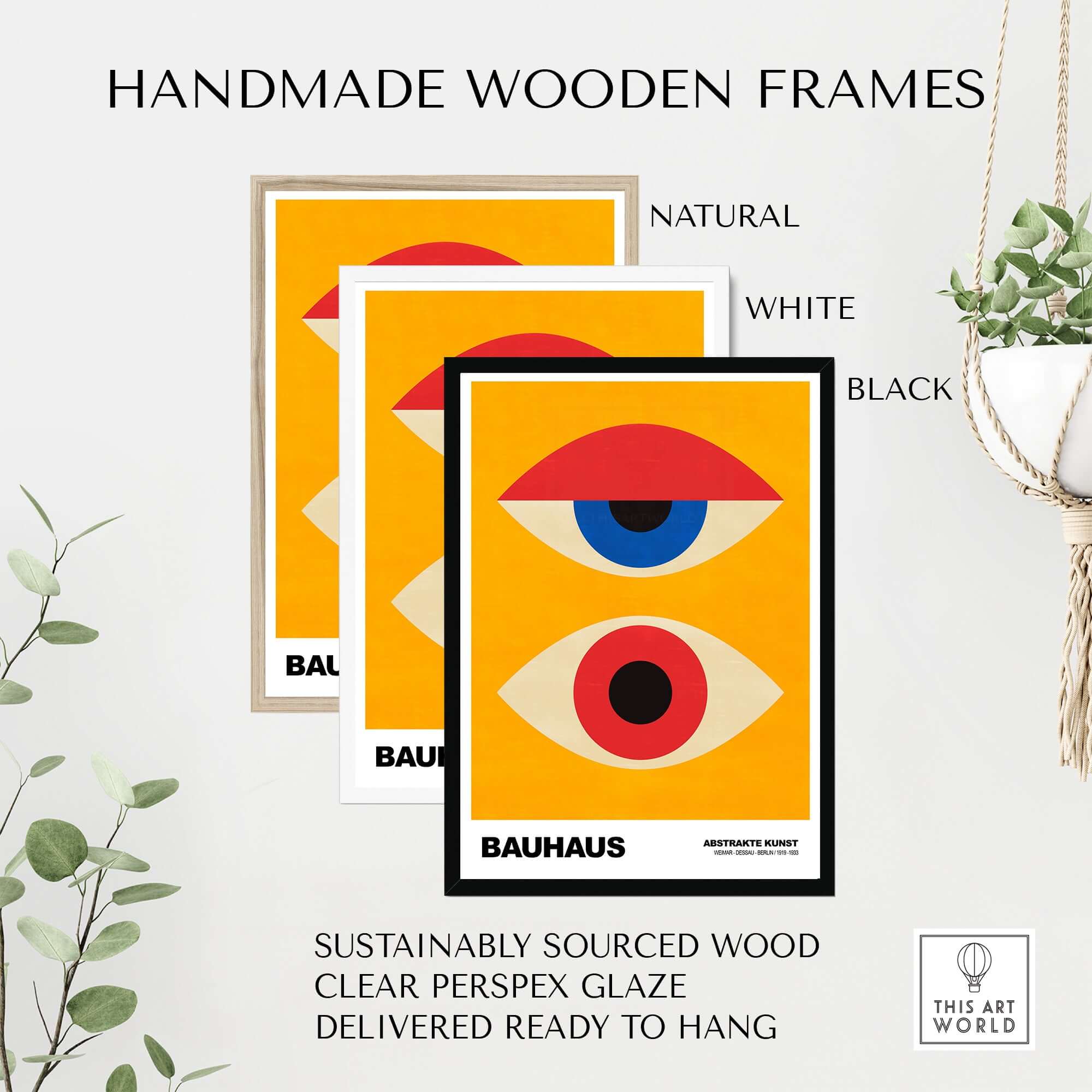 Bauhaus Exhibition Prints - Abstract Eyes Poster Geometric Orange Red Blue Art displayed in handmade wooden frames.