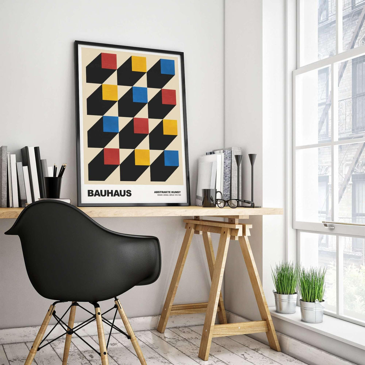 Bauhaus Exhibition Prints - Isometric Cubes Art Print Red Yellow Blue Design displayed in a modern office setting.