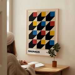 Bauhaus Exhibition Prints - Isometric Cubes Art Print Red Yellow Blue Design featuring geometric cubes on cream background.