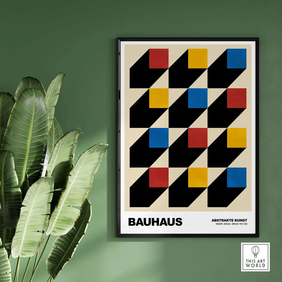 Bauhaus Exhibition Prints - Isometric Cubes Art Print Red Yellow Blue Design displayed on a wall with greenery in the background.