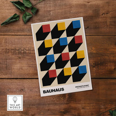 Bauhaus Exhibition Prints - Isometric Cubes Art Print Red Yellow Blue Design featuring geometric patterns with shadows.