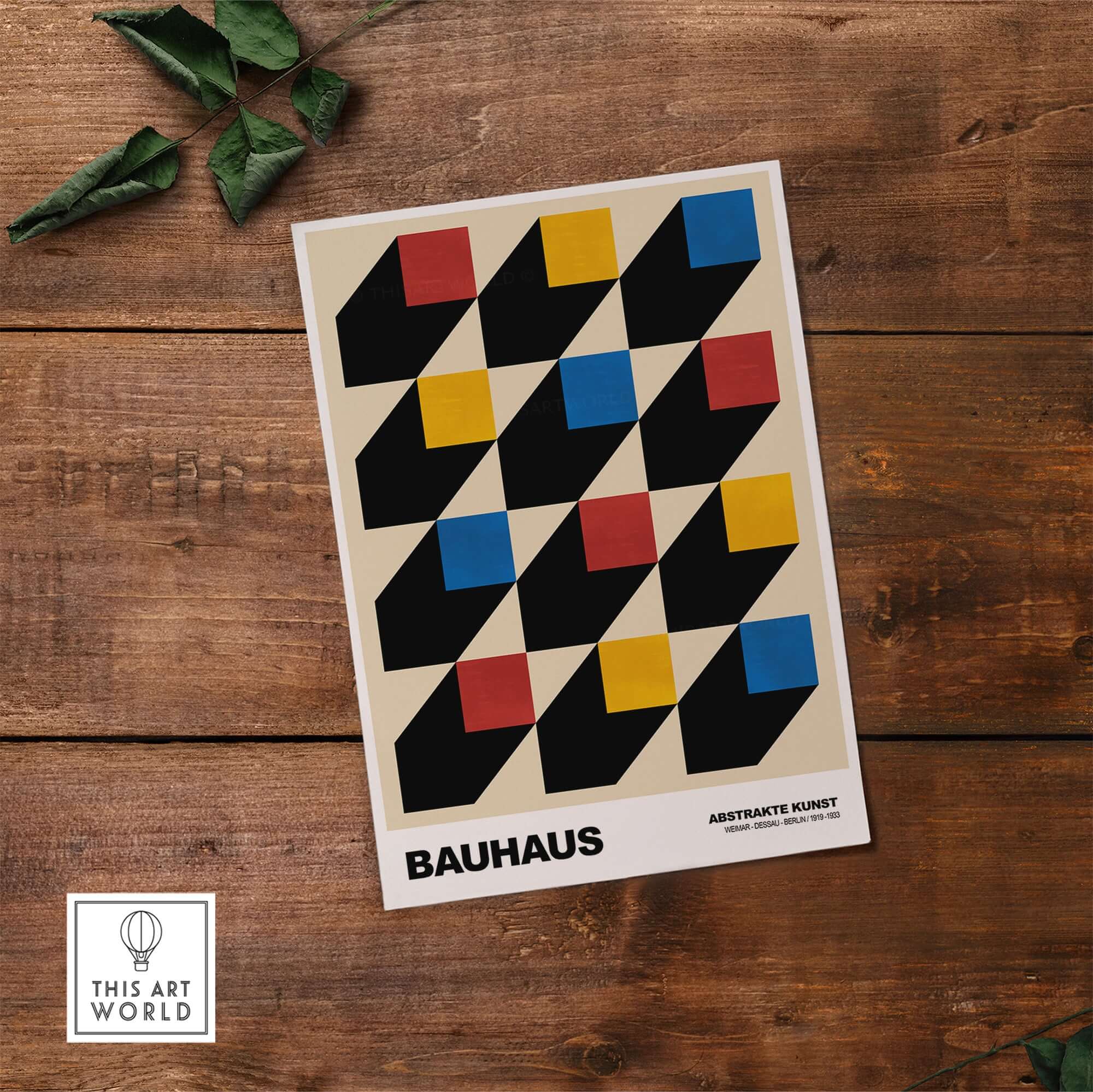 Bauhaus Exhibition Prints - Isometric Cubes Art Print Red Yellow Blue Design featuring geometric patterns with shadows.