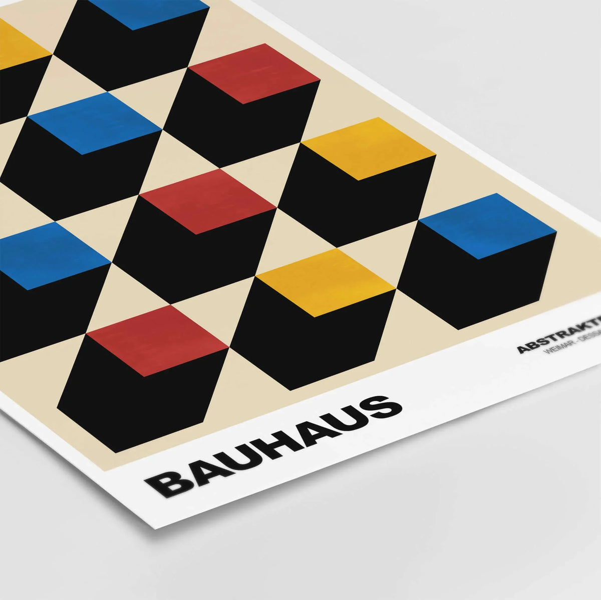 Bauhaus Exhibition Prints - Isometric Cubes Art Print Red Yellow Blue Design featuring geometric cubes in primary colors.
