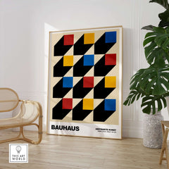 Bauhaus Exhibition Prints - Isometric Cubes Art Print Red Yellow Blue Design in a stylish interior setting.