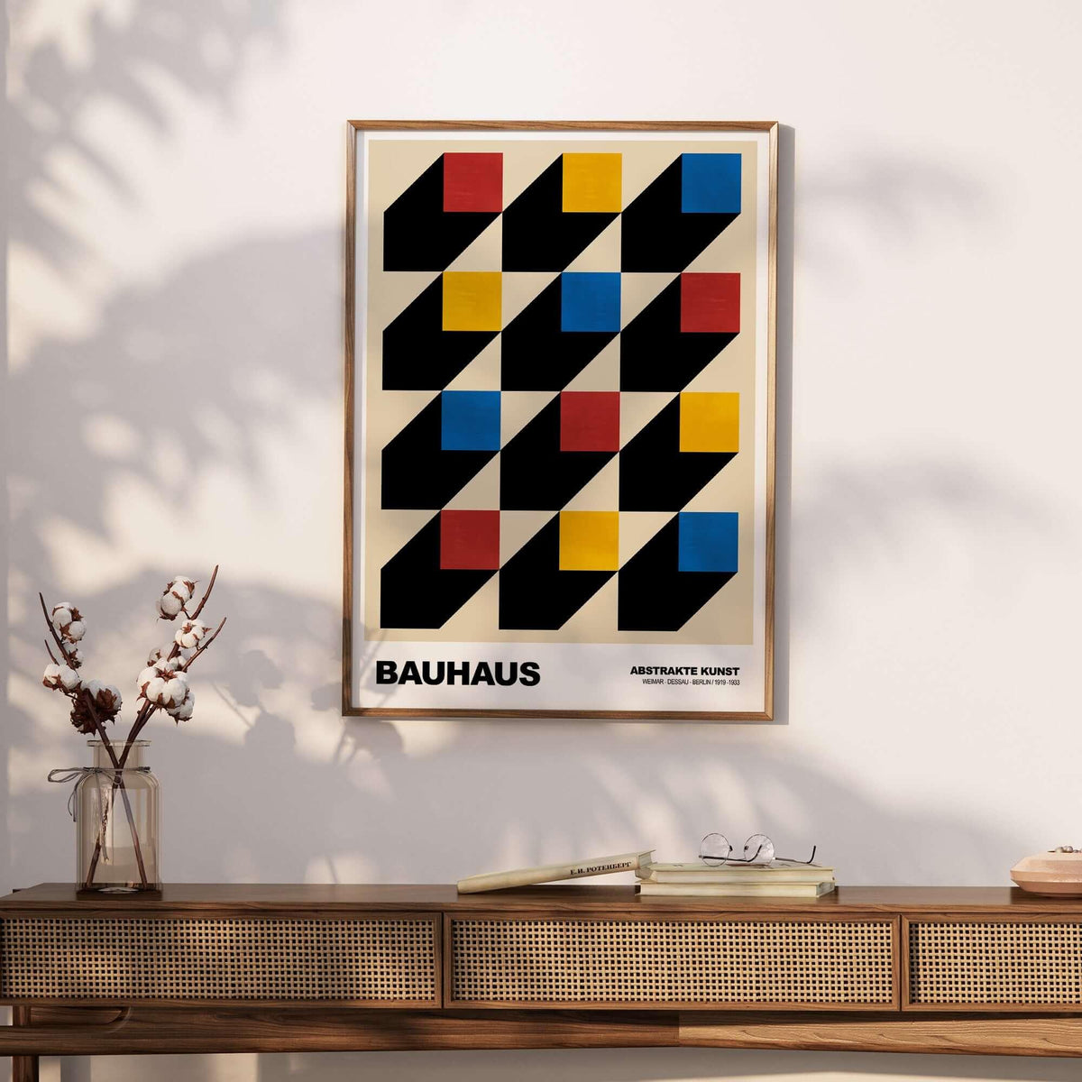 Bauhaus Exhibition Prints - Isometric Cubes Art Print Red Yellow Blue Design showcased in modern decor setting.