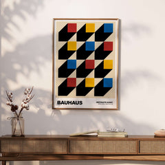 Bauhaus Exhibition Prints - Isometric Cubes Art Print Red Yellow Blue Design showcased in modern decor setting.