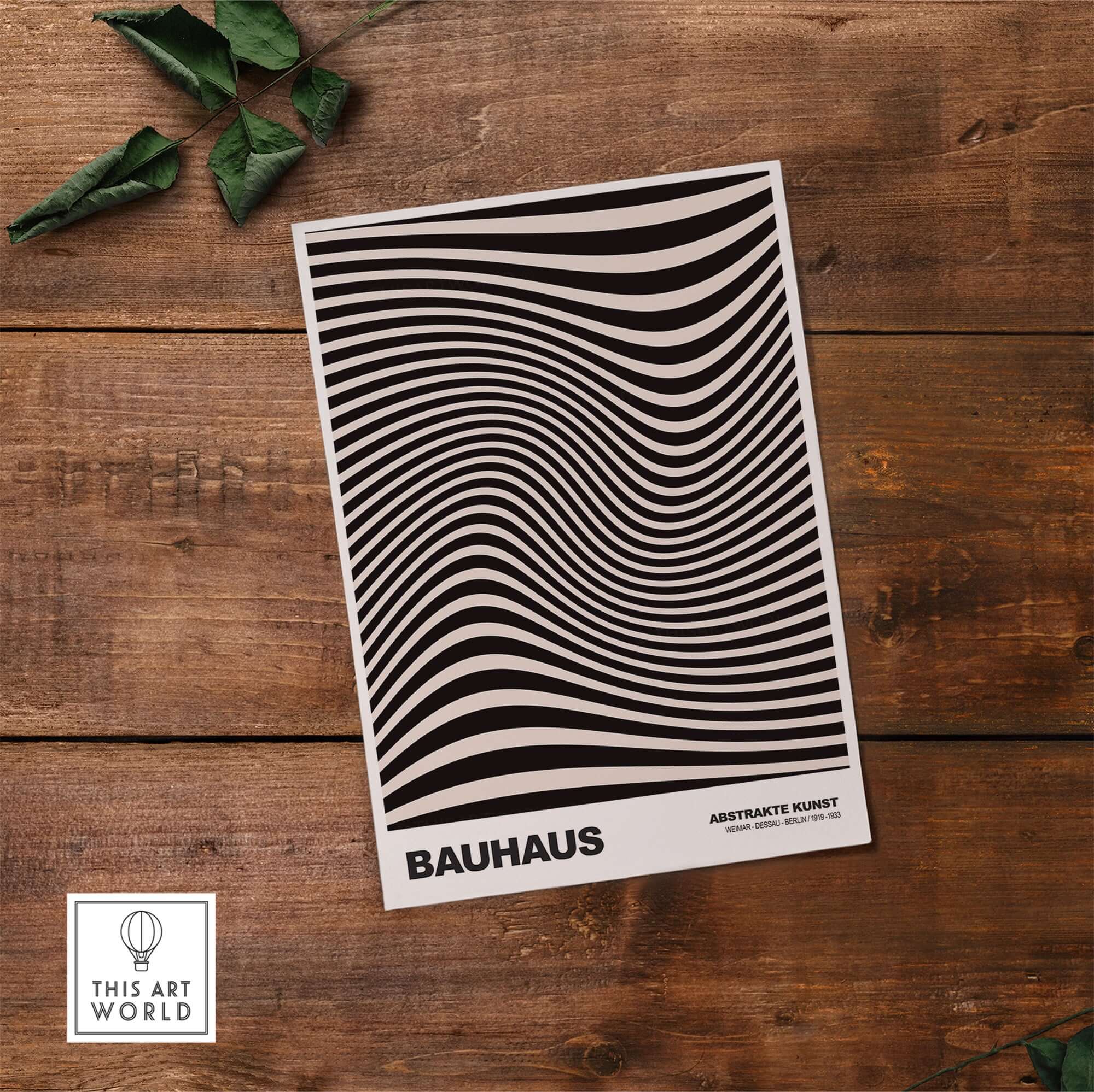 Bauhaus Exhibition Prints -  Optical Wave Lines Art Print Black Cream Abstract on a wooden table with greenery.