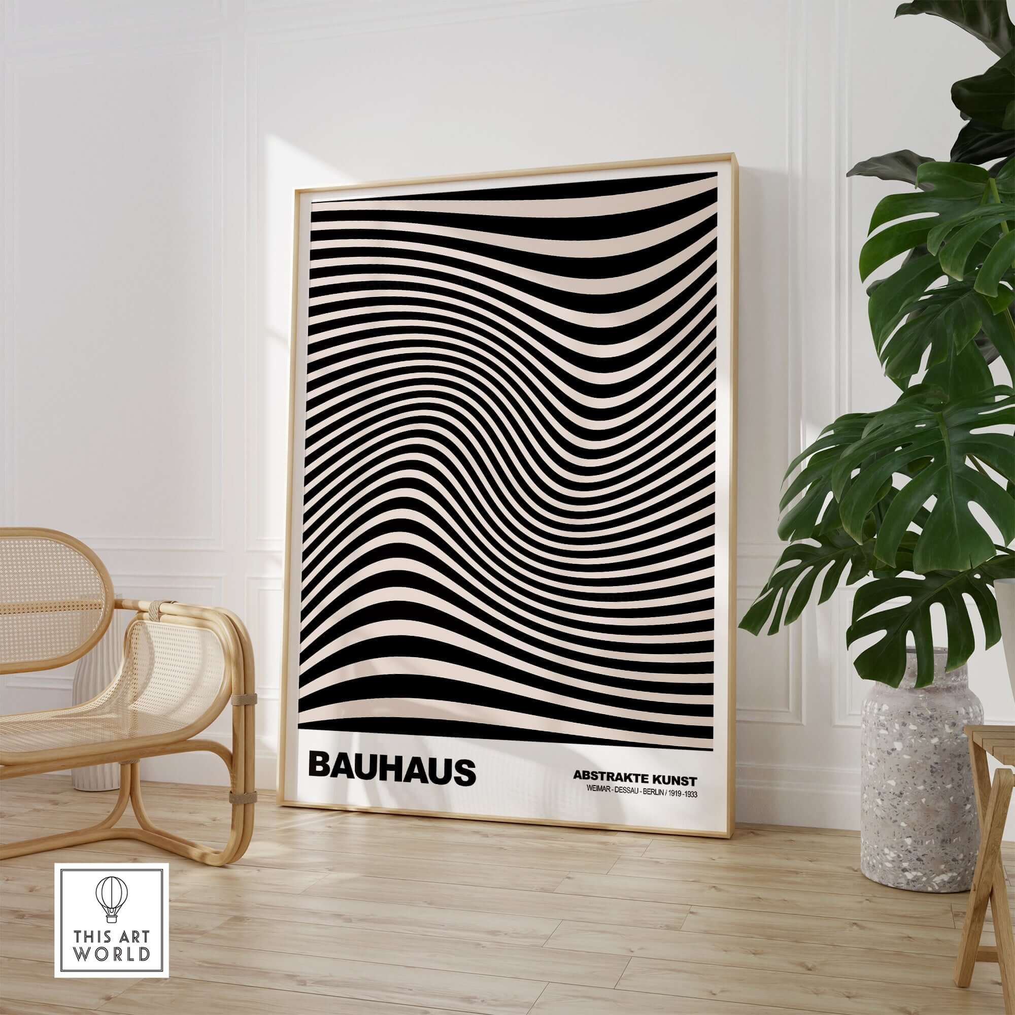 Bauhaus Exhibition Prints -  Optical Wave Lines Art Print Black Cream Abstract displayed in an artistic interior setting.