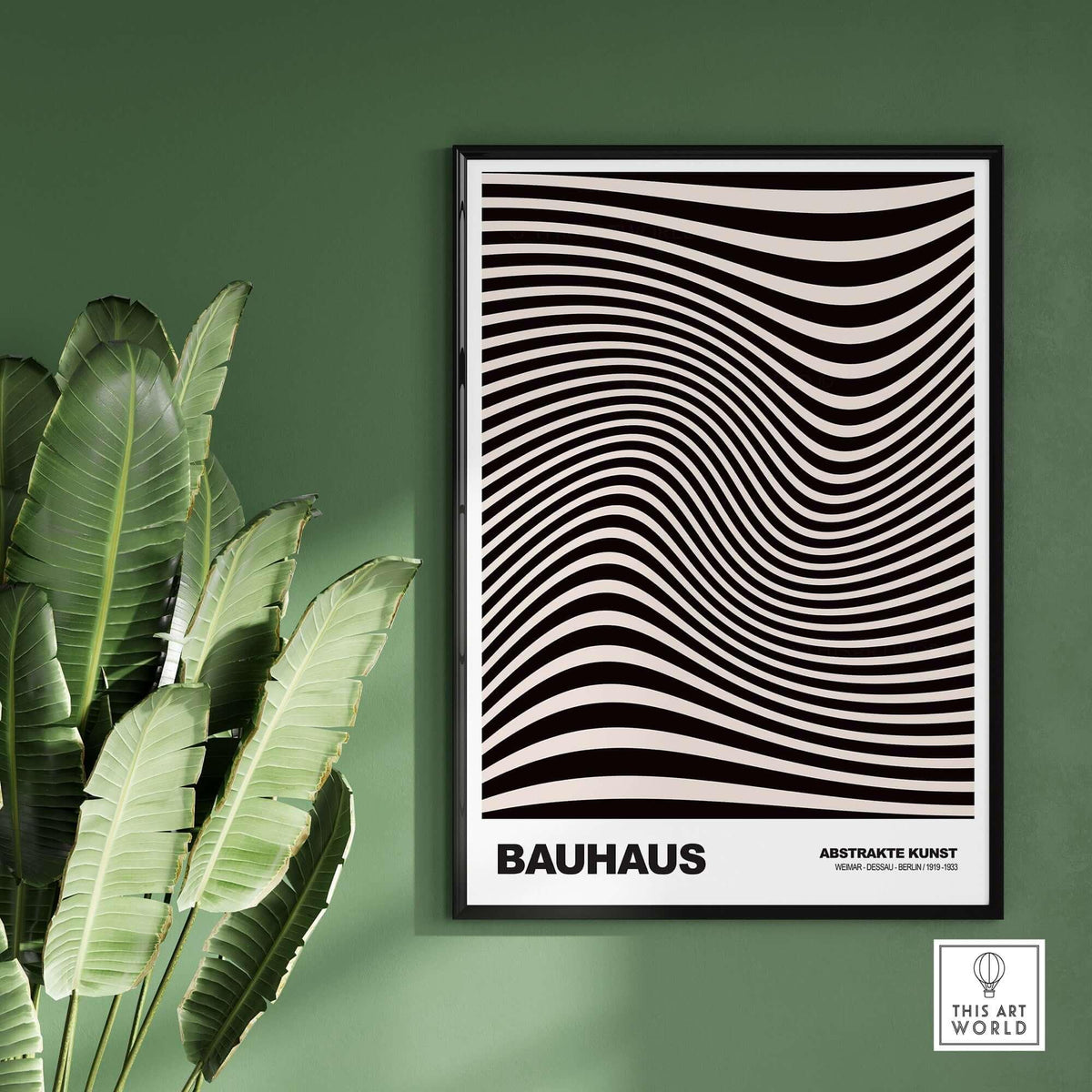Bauhaus Exhibition Prints -  Optical Wave Lines Art Print Black Cream Abstract displayed in a modern green setting.