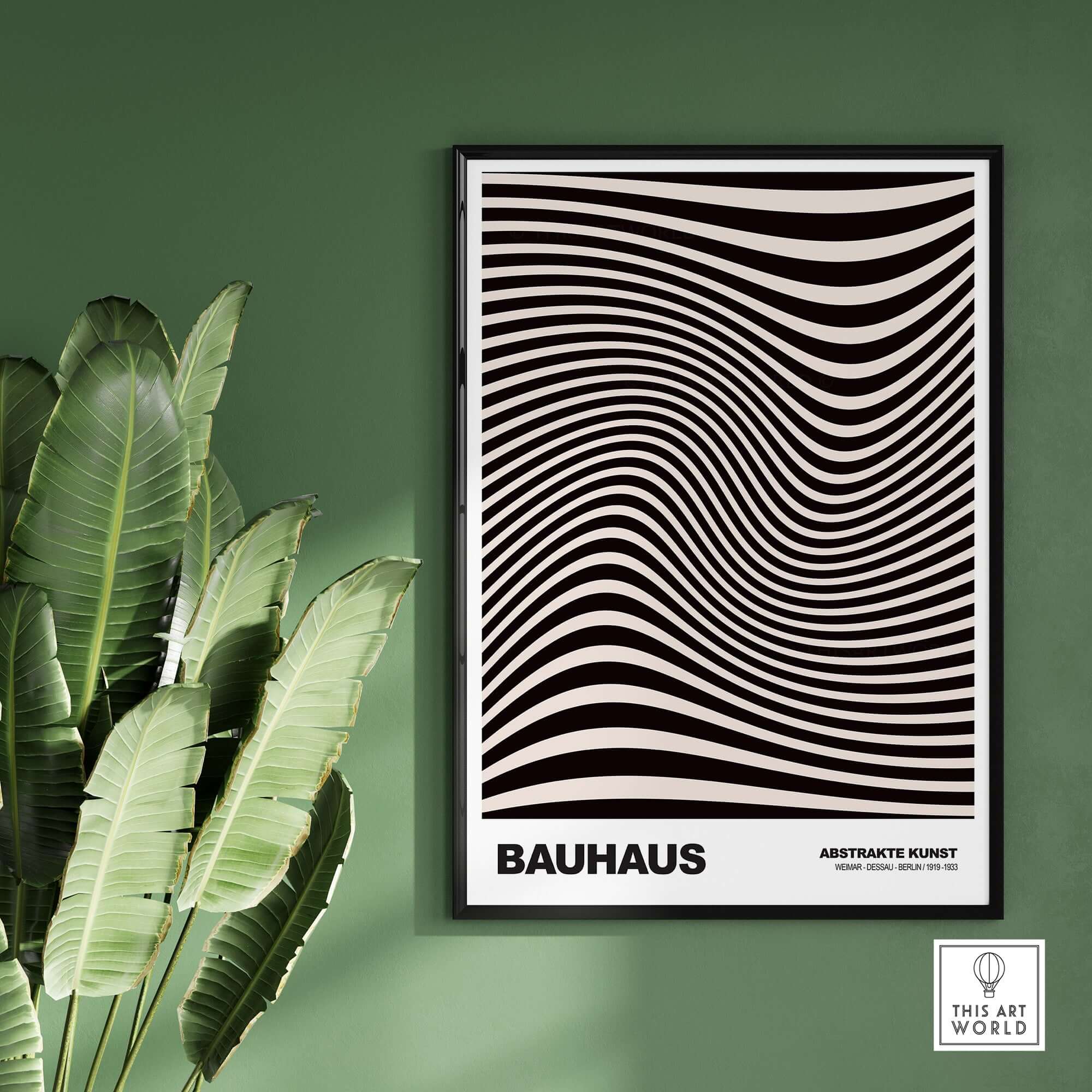 Bauhaus Exhibition Prints -  Optical Wave Lines Art Print Black Cream Abstract displayed in a modern green setting.