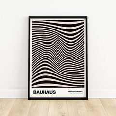 Bauhaus Exhibition Prints -  Optical Wave Lines Art Print Black Cream Abstract on display, featuring dynamic wave lines.