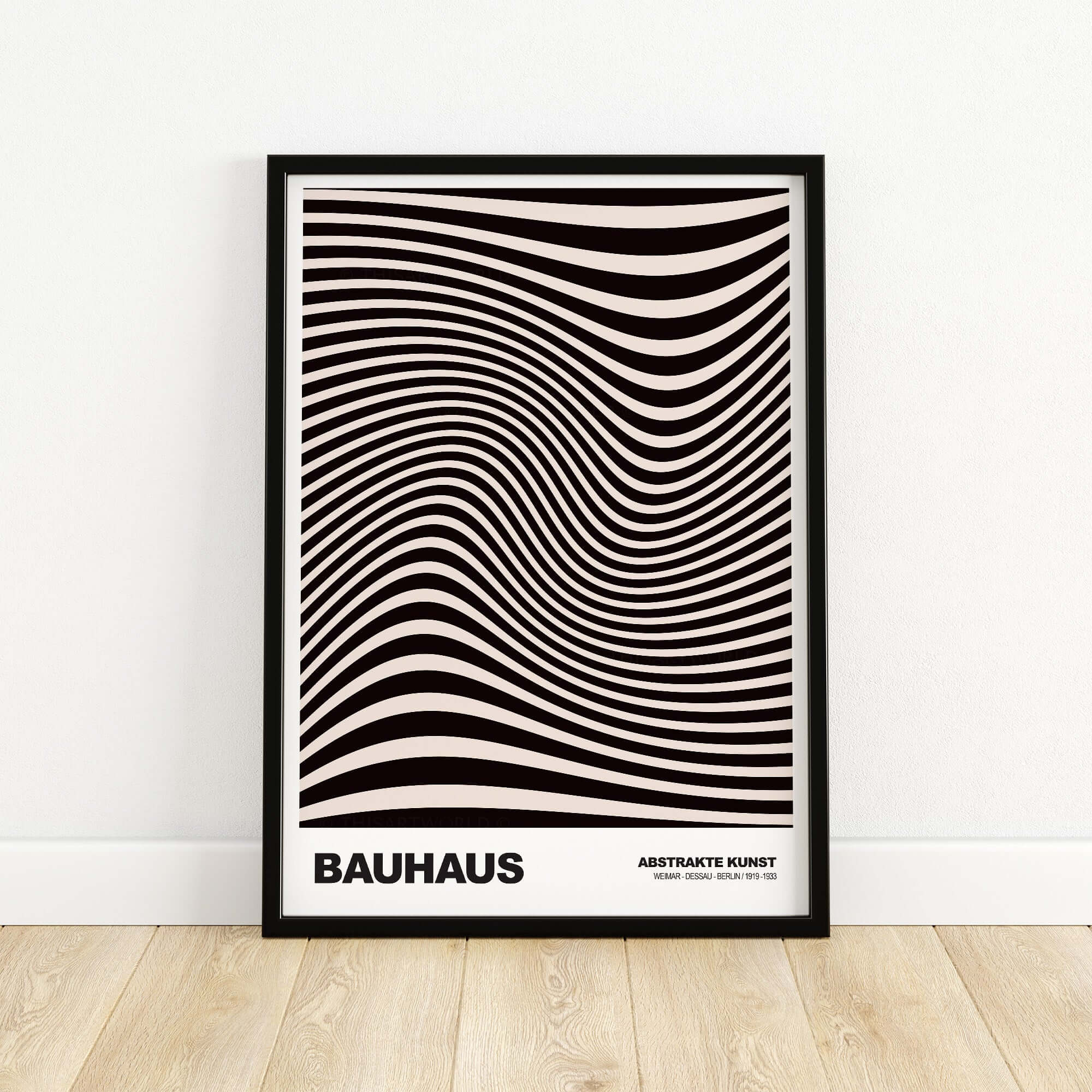 Bauhaus Exhibition Prints -  Optical Wave Lines Art Print Black Cream Abstract on display, featuring dynamic wave lines.