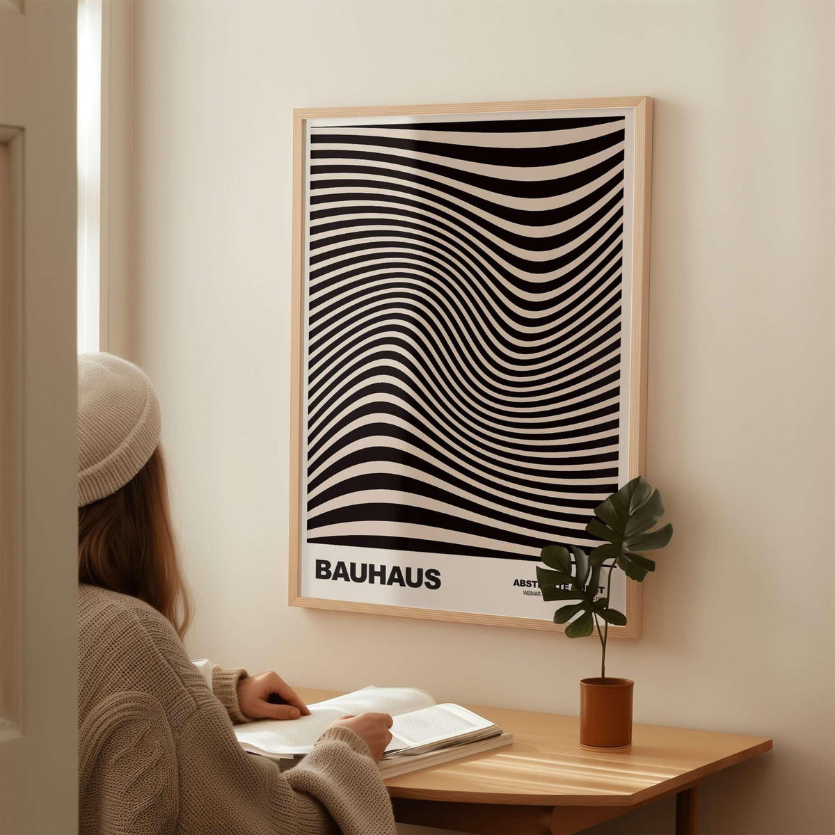 Bauhaus Exhibition Prints -  Optical Wave Lines Art Print Black Cream Abstract in a cozy living space.