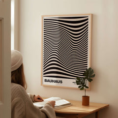 Bauhaus Exhibition Prints -  Optical Wave Lines Art Print Black Cream Abstract in a cozy living space.