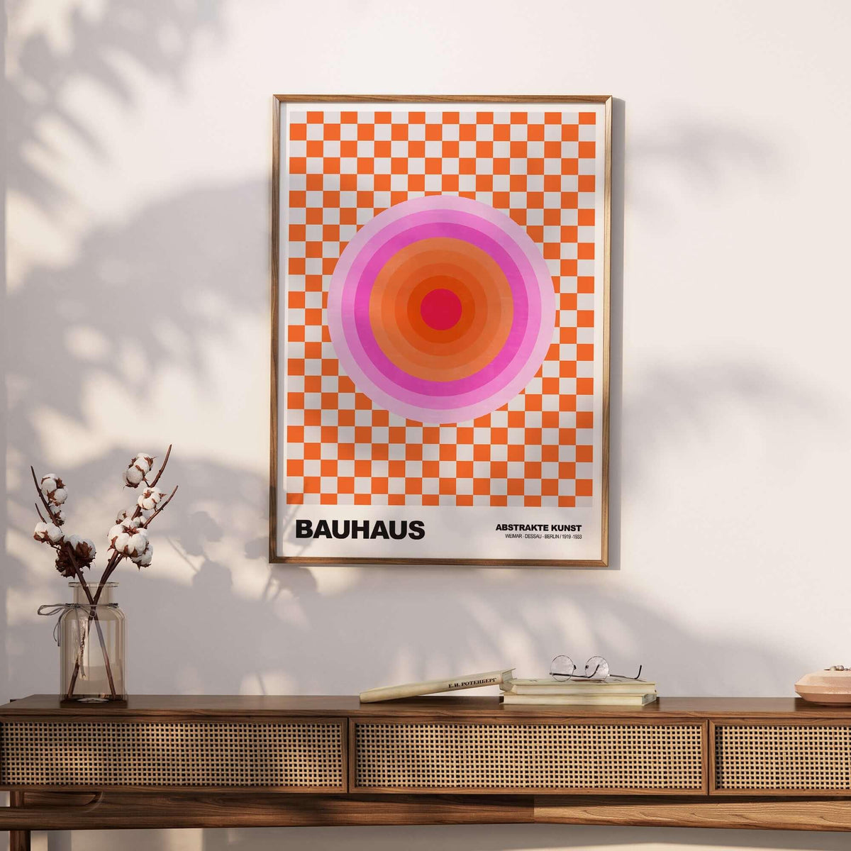 Bauhaus Exhibition Prints - Pink Circles Poster Orange Checkerboard Art, colorful concentric circles on checkerboard background.