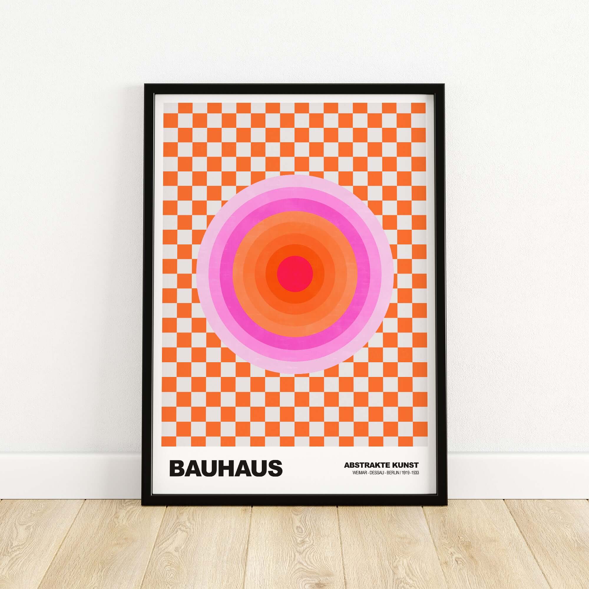 Bauhaus Exhibition Prints - Pink Circles Poster Orange Checkerboard Art showcasing vibrant concentric circles and checkerboard design.
