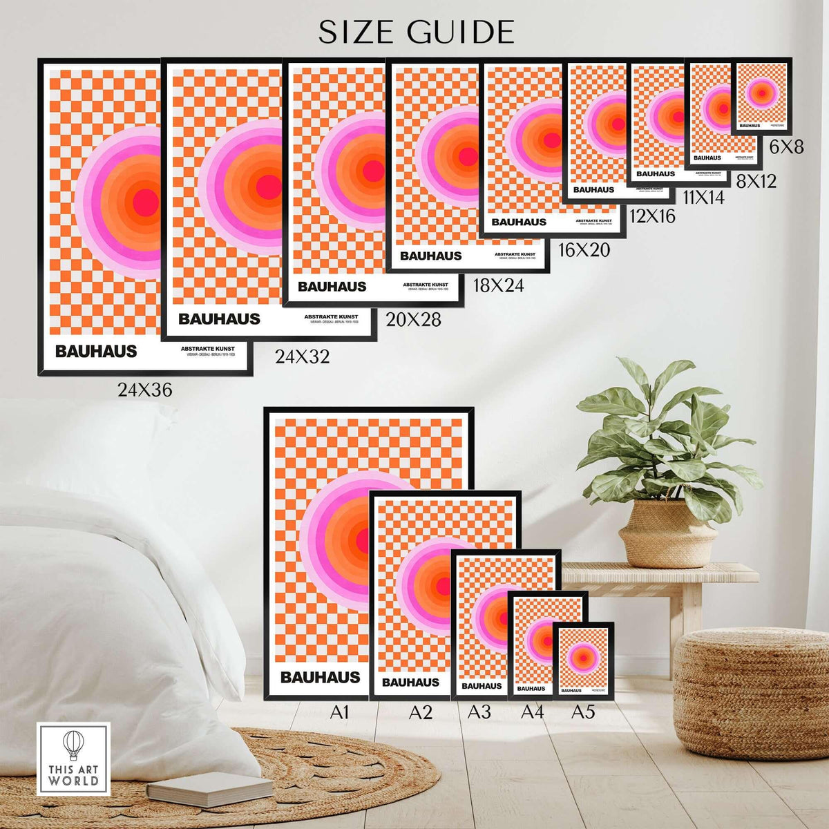 Bauhaus Exhibition Prints - Pink Circles Poster Orange Checkerboard Art Size Guide featuring various frame sizes.