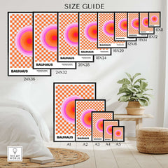 Bauhaus Exhibition Prints - Pink Circles Poster Orange Checkerboard Art Size Guide featuring various frame sizes.