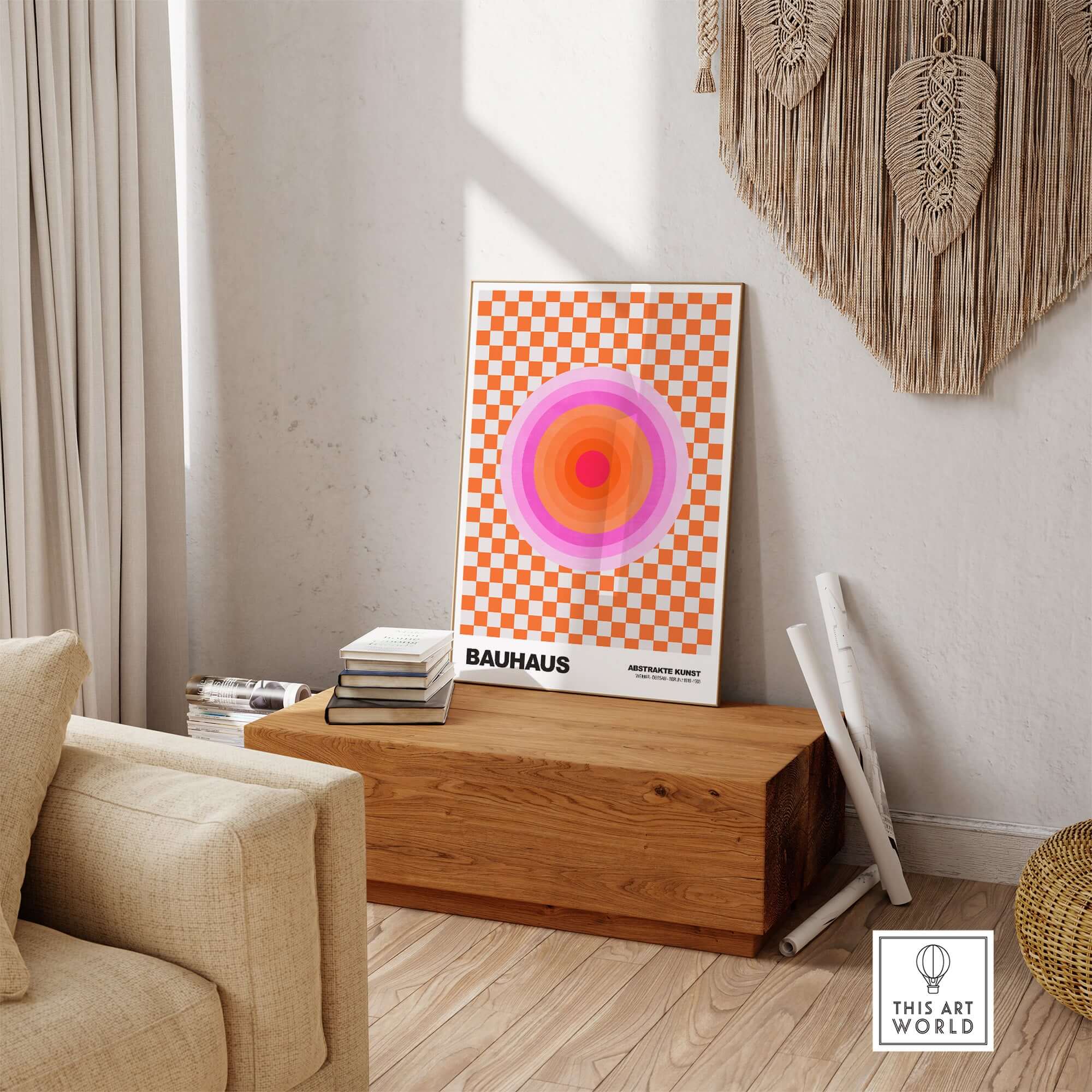 Bauhaus Exhibition Prints - Pink Circles Poster Orange Checkerboard Art displayed in a stylish interior setting.