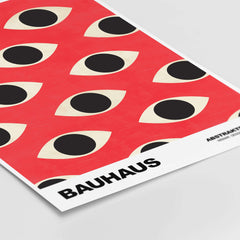 Bauhaus Exhibition Prints - Repeating Eyes Pattern Poster Red Black Cream Art featuring abstract eye shapes on a red background.
