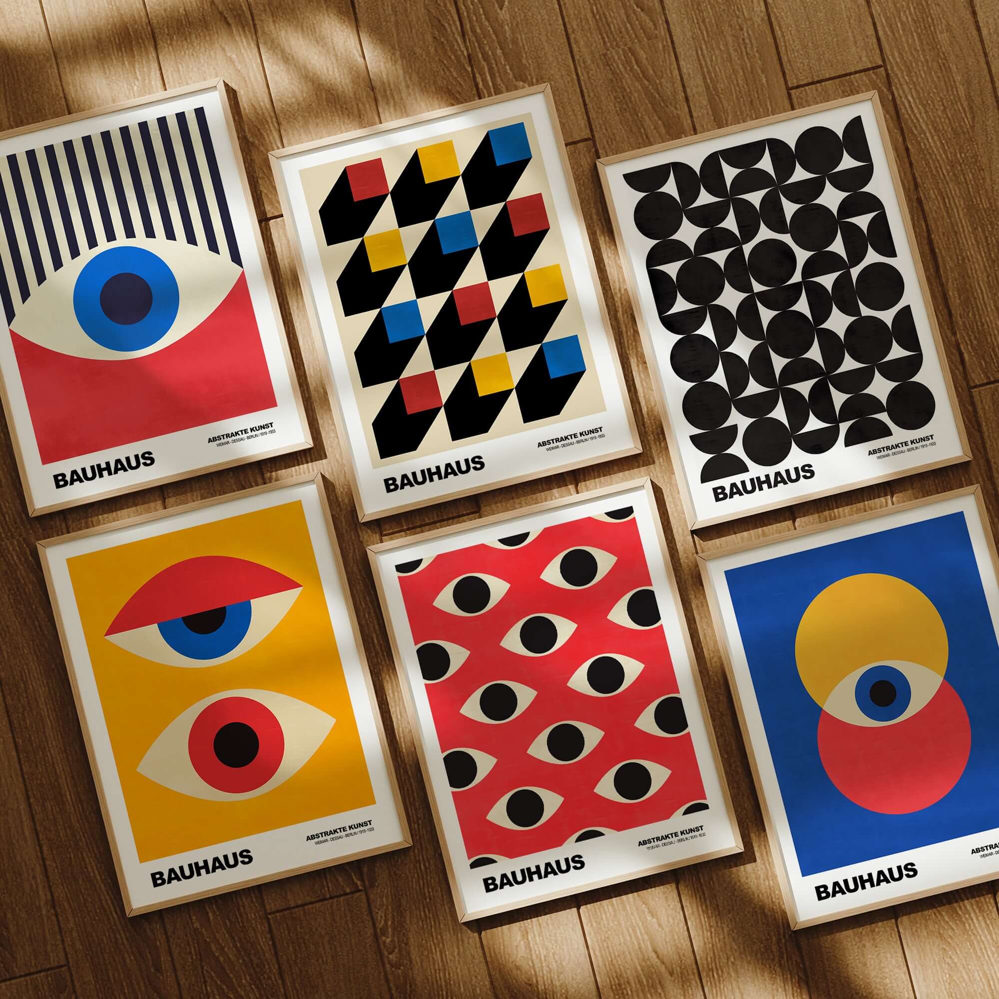 Bauhaus Exhibition Prints - Repeating Eyes Pattern Poster Red Black Cream Art featuring vibrant abstract designs and colors.