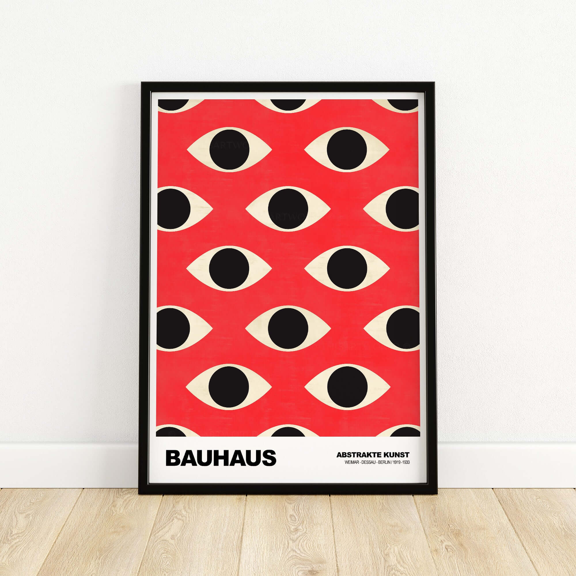 Bauhaus Exhibition Prints - Repeating Eyes Pattern Poster Red Black Cream Art featuring abstract eye patterns on vibrant red background.
