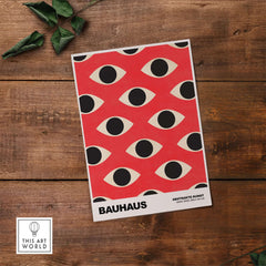 Bauhaus Exhibition Prints - Repeating Eyes Pattern Poster Red Black Cream Art featuring abstract eye shapes on a red background.