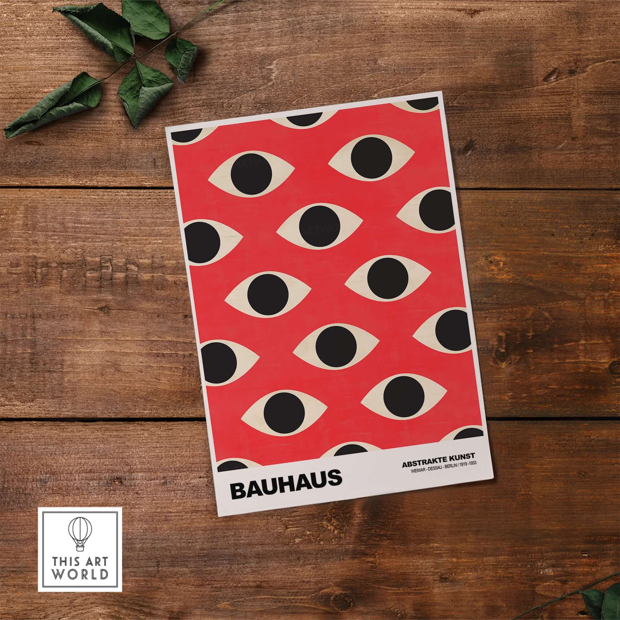 Bauhaus Exhibition Prints - Repeating Eyes Pattern Poster Red Black Cream Art featuring abstract eye shapes on a red background.